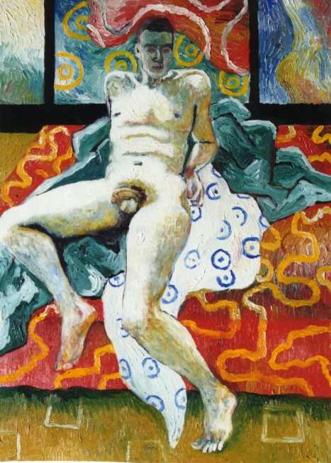 man on a red bed