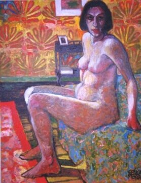 nude on a colored bed